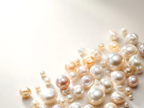 Scattered natural pearls arranged artistically across the lower right corner, various sizes with soft ivory and champagne tones, realistic nacre reflections, clean pale background