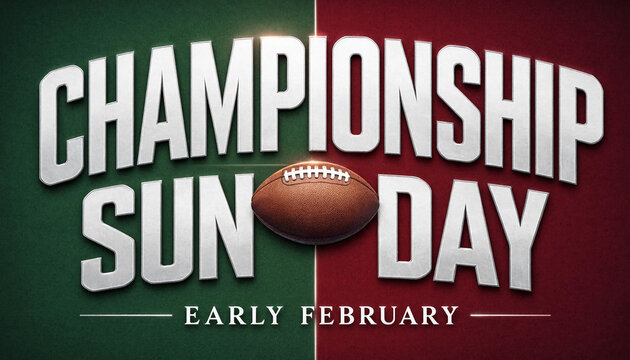 Championship Sunday football event announcement with bold text and leather ball on green and red background early february