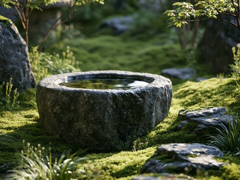 Stone Water Basin in a Peaceful Mossy Japanese Garden