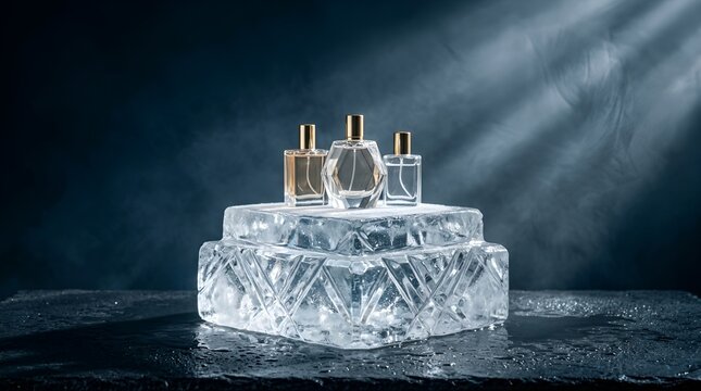 Luxurious glass perfume bottles on ice pedestal, golden caps, elegant fragrance concept, clear liquid, cold winter aesthetic, atmospheric dark background