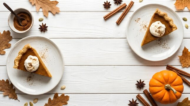 Top view of pumpkin pie slices on white wooden background with spices and autumn leaves