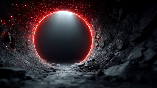 Dark cave with glowing crimson portal framed by radiant spider silk threads and sparkling particles, eerie Halloween atmosphere for horror and thriller design
