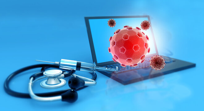 3D medical illustration featuring a laptop, stethoscope, and vaccine syringe surrounded by floating microscopic viral pathogen cells.