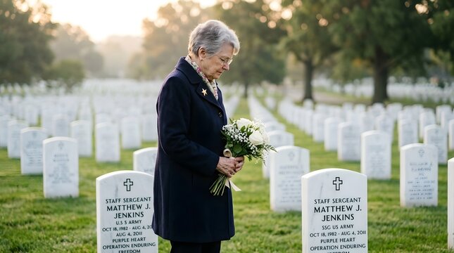 Elderly Gold Star Mother's Day observance at graveside, honoring a fallen hero