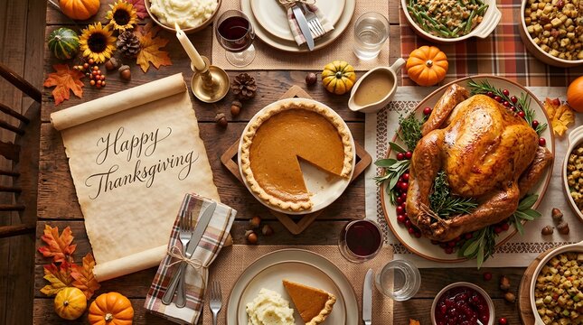 Top view of a thanksgiving dinner table setting with a roasted turkey, pumpkin pie, side dishes, and a scroll with happy thanksgiving text