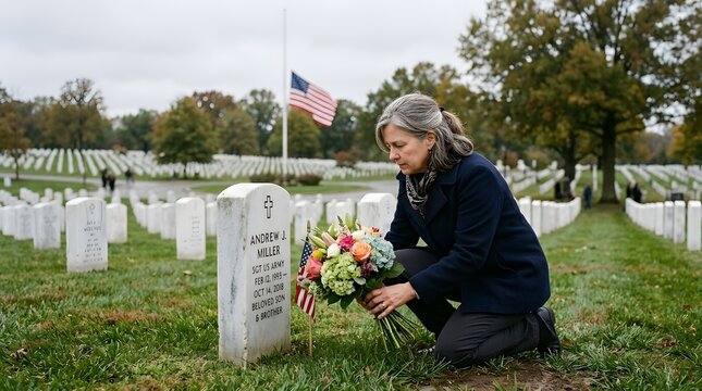 Solemn Gold Star Mother's Day A Bereaved Mom Placing Flowers at Gravesite
