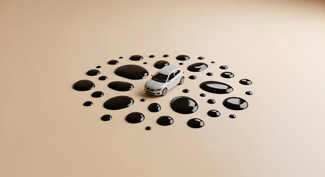 small car model surrounded by black oil drops on a pastel beige background