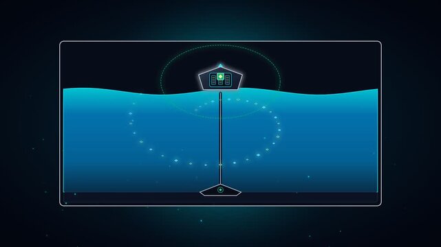 Futuristic digital interface displaying ocean water level data and wave analytics