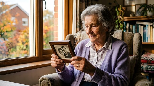 Gold Star Mother's Day elderly woman looking at old family photograph with love