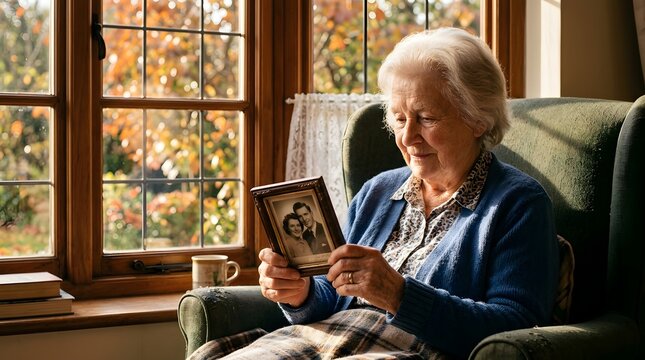 Honoring a Gold Star Mother's Day with elderly woman looking at memorial photo