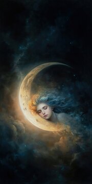 A serene woman with flowing hair rests peacefully against a glowing crescent moon amidst a cosmic, star-filled night sky.
