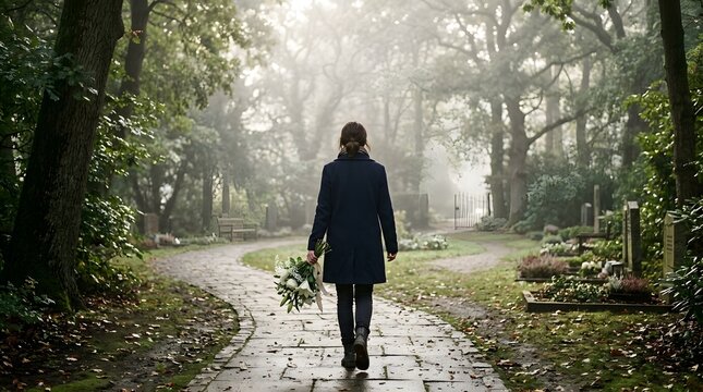 Grieving mother walking through misty cemetery on Gold Star Mother's Day