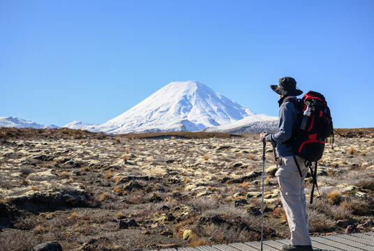 Man looking at snow-capped Mount Ngauruhoe under a clear blue sky. Tama Lake Tracks. Tongariro National Park. New Zealand.