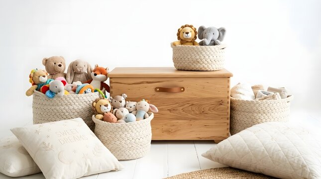 Neat nursery room with plush toys organized in woven baskets around a wooden chest.