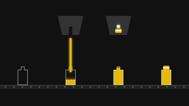 Automated industrial conveyor belt animation showing bottles being filled with yellow liquid and capped in a loop.