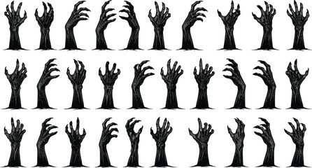 Vector set of black scary zombie hands rising from the ground isolated on white background © MDNAYEEM
