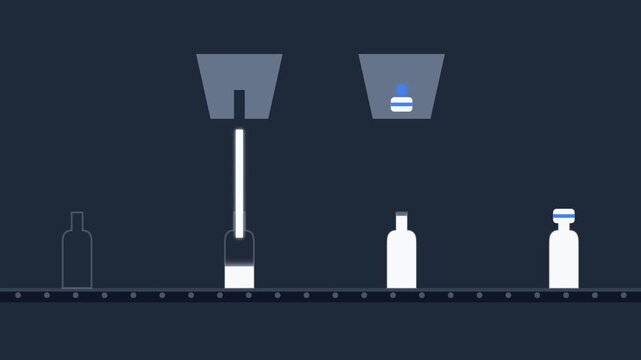 2D Flat Animation of Industrial Conveyor Belt Filling and Capping White Liquid Bottles in Factory Setup