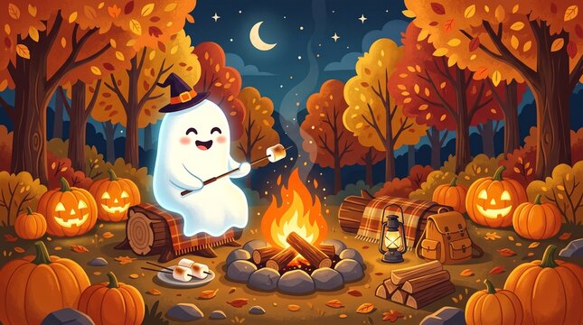 Cute ghost wearing witch hat roasting marshmallows over campfire surrounded by jack o lantern pumpkins in autumn night.