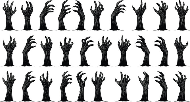 Vector set of black scary zombie hands rising from the ground isolated on white background