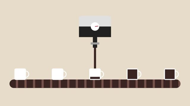 Minimalist industrial animation of an automated coffee filling machine filling white mugs on a conveyor belt.