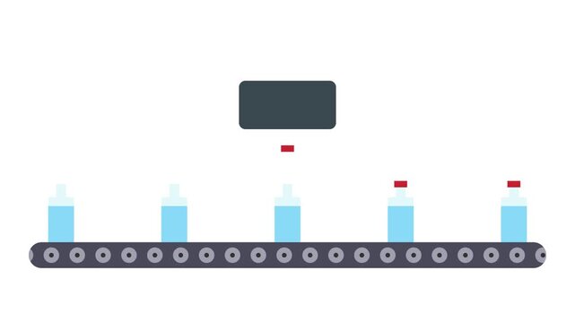 Automated industrial bottling line animation featuring blue liquid bottles and red caps on a conveyor belt system.