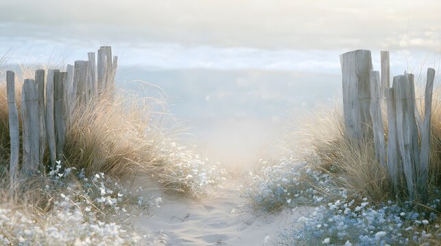 Dreamy coastal path through wild sea grass and rustic wood towards a hazy misty ocean horizon