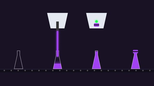 Automated Factory Assembly Line Animation Showing Purple Flasks Being Filled and Capped on a Conveyor Belt