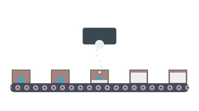 Manufacturing factory production line with animated conveyor belt moving cardboard boxes for logistics and shipping