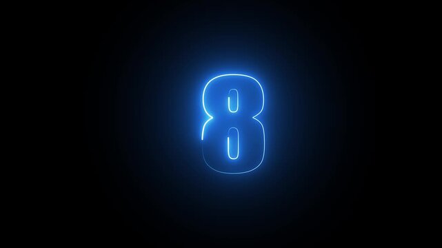 Glowing blue neon number eight on a dark black background