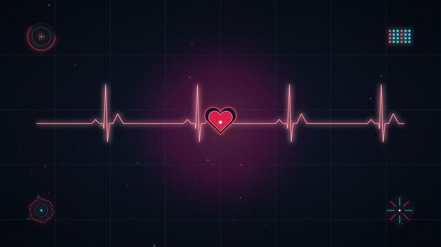 Neon pink heartbeat pulse monitor with heart shape on dark digital grid background