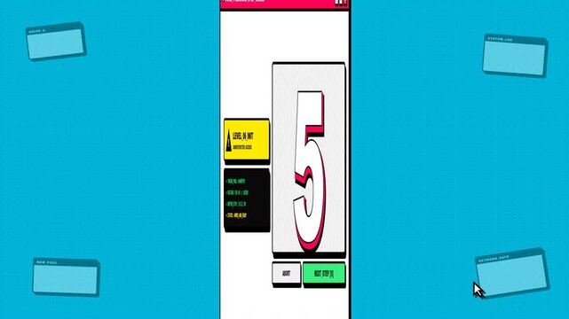 Retro computer interface animation featuring a vibrant countdown timer and system launch windows.