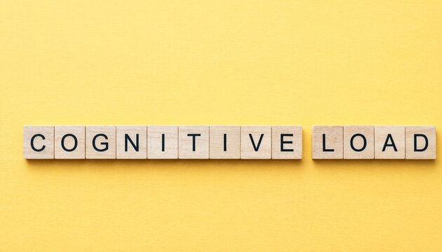 Cognitive load concept spelled with wooden letter blocks on yellow background for psychology or education themes