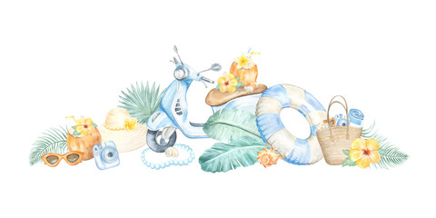 A watercolor composition themed around a tropical summer vacation. A scooter for a trip to the beach. A beach bag and a hat. Palm leaves and monstera. A hand painted summer coconut cocktail. High © Evgeniia
