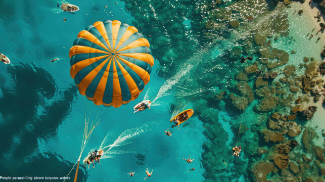 Aerial view of people parasailing over turquoise tropical ocean water on a sunny day