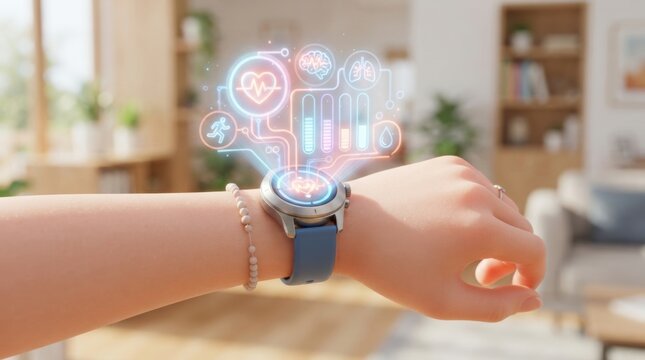 Futuristic Smartwatch with Digital Health and Fitness Data Display