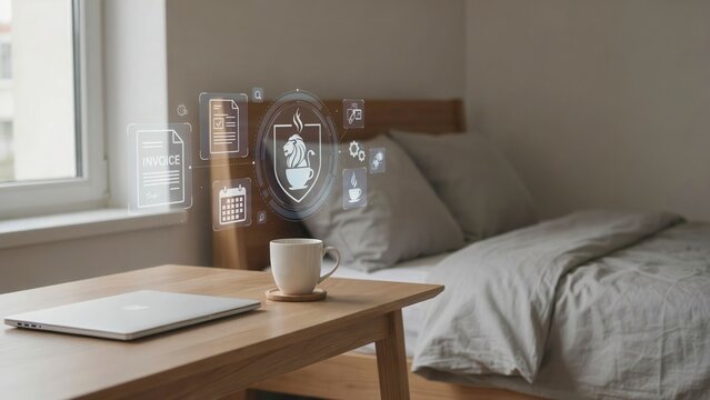 A cup of coffee with digital business icons on a table in a modern home office. Ideal for remote work productivity and lifestyle concepts.