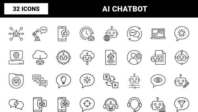 Ai chatbot line icon set. Vector pictograms of robot, assistant, intelligence, and artificial elements, thin linear illustration.