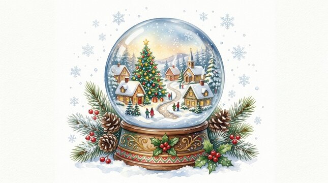 Festive Christmas Snow Globe with Snowy Village and Pine Decorations
