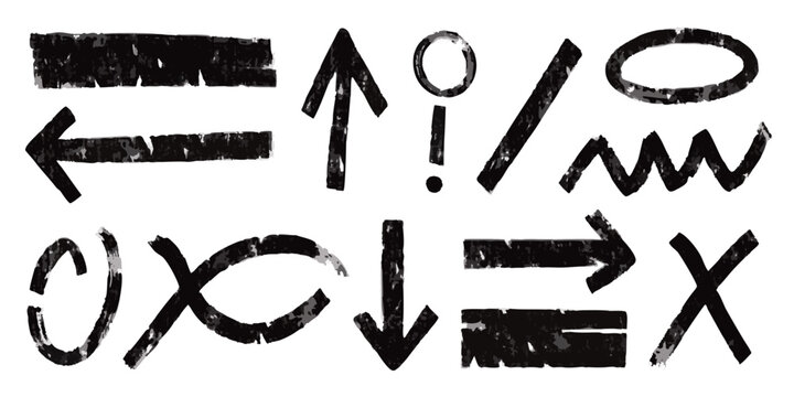 Rough brush stroke symbols and punctuation marks on a white background