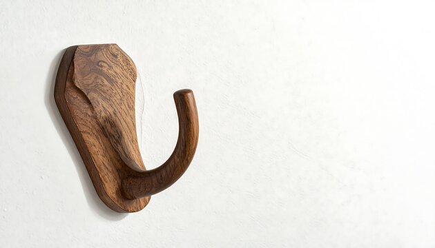 Single wooden coat hook mounted on a plain neutral wall with ample empty space. Clean and functional interior design detail ideal for home organization, minimalism, and decor concepts.