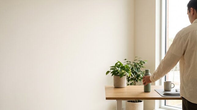 Minimalist Home Office Workspace with Man Standing by Desk and Window
