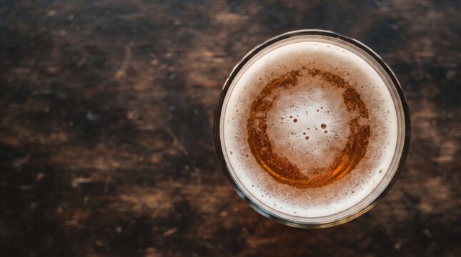 A freshly poured glass of amber beer sits atop a weathered wooden table, sparkling under soft evening light. Bubbles dance on the surface, inviting relaxation and conversation.