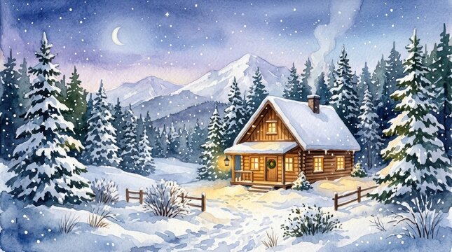 Cozy Cabin Surrounded by Snowy Forest Under Night Sky with Mountains
