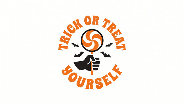 Halloween Trick or Treat Yourself typography, orange lollipop candy graphic with hand and bats, spooky holiday celebration logo