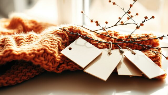 Warm knitwear rests near window. Blank tags dangle from branches, suggesting crafting, gifts, autumn vibes. Soft light enhances texture.
