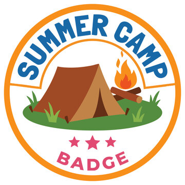Summer Camp Badge Vector Icon with Camping Tent and Campfire Logo