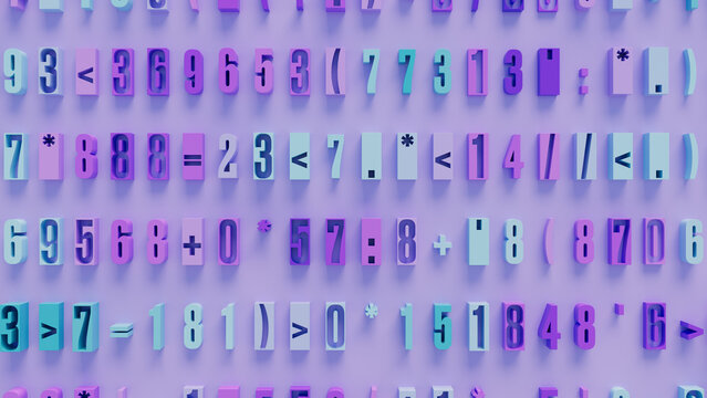 Colorful 3D Geometric Shapes and Numbers in Playful Random Arrangement Against a Purple Background, Ideal for STEM Resources, Educational Materials, and Creative Design Projects