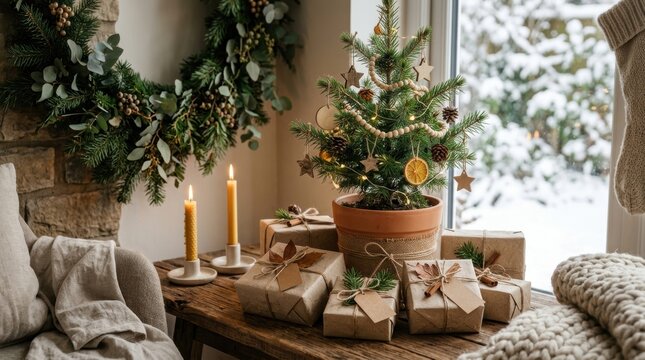 Cozy Christmas Decor with Small Tree and Wrapped Gifts Near Window