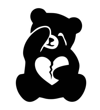 a black silhouette illustration of a sad sitting bear covering its face with one paw while holding a broken white heart shape.