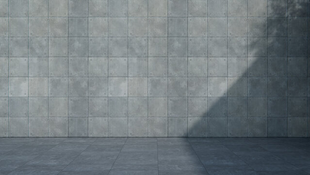 Vacant Square Concrete Panel Wall Outdoor Space with Foliage Shadow and Tiled Floor. Construction Material Concept with copy-space.